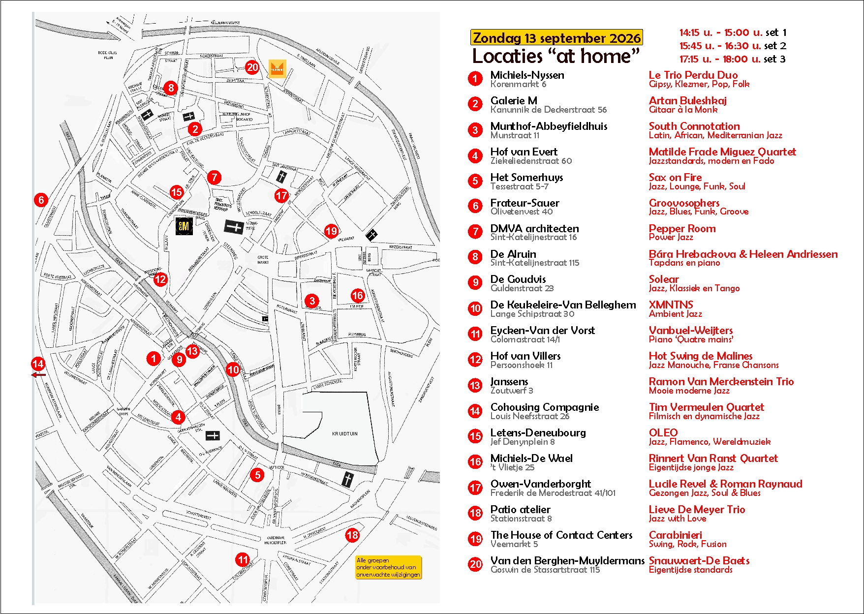 stadsplan met de 20 groepn op 20 locatie zondag 13 sept 2026